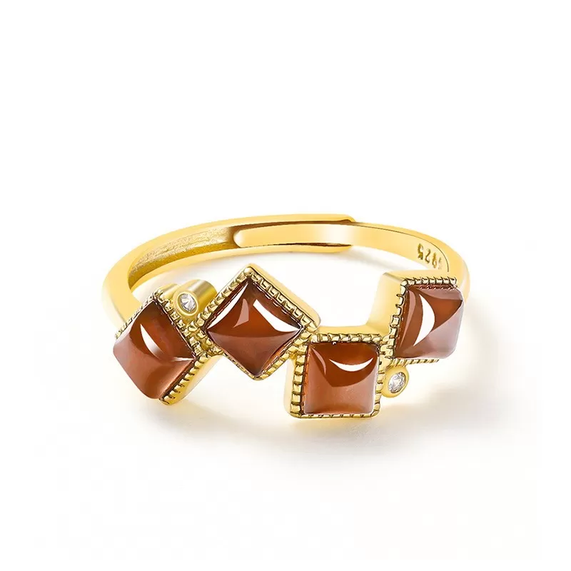 Natural Sugar Jade Geometric Ring | Yellow-Brown Hetian Jade | S925 Silver Plated | Elegant Vintage Style