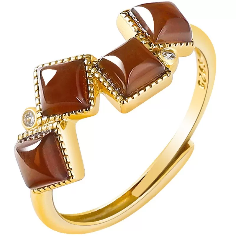 Natural Sugar Jade Geometric Ring | Yellow-Brown Hetian Jade | S925 Silver Plated | Elegant Vintage Style