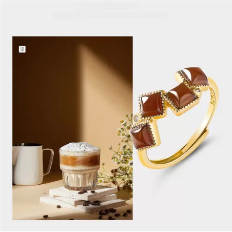Natural Sugar Jade Geometric Ring | Yellow-Brown Hetian Jade | S925 Silver Plated | Elegant Vintage Style