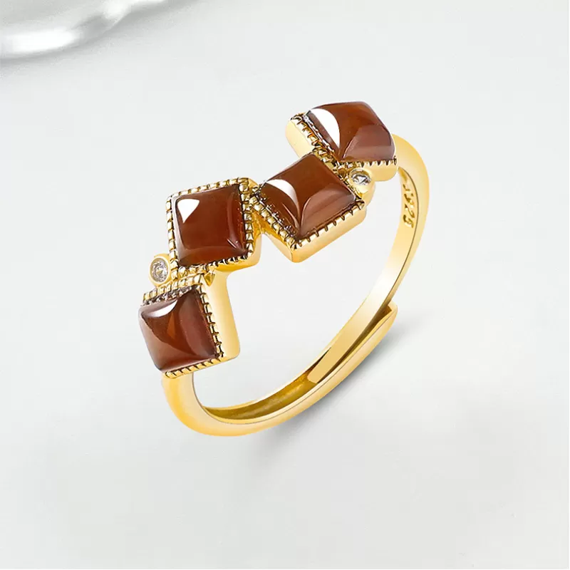 Natural Sugar Jade Geometric Ring | Yellow-Brown Hetian Jade | S925 Silver Plated | Elegant Vintage Style