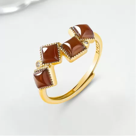 Natural Sugar Jade Geometric Ring | Yellow-Brown Hetian Jade | S925 Silver Plated | Elegant Vintage Style