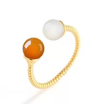 Hetian White & Sugar Jade Bead Ring | S925 Silver Adjustable Chinese Lucky Jewelry