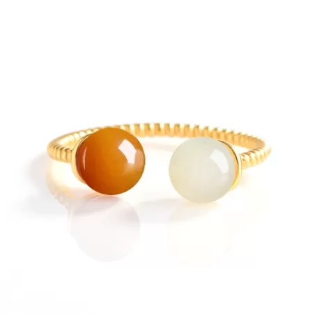 Hetian White & Sugar Jade Bead Ring | S925 Silver Adjustable Chinese Lucky Jewelry