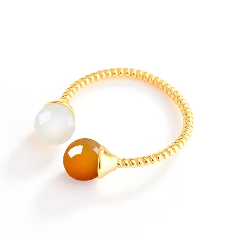 Hetian White & Sugar Jade Bead Ring | S925 Silver Adjustable Chinese Lucky Jewelry