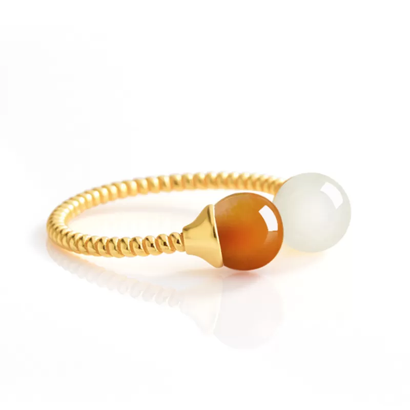 Hetian White & Sugar Jade Bead Ring | S925 Silver Adjustable Chinese Lucky Jewelry