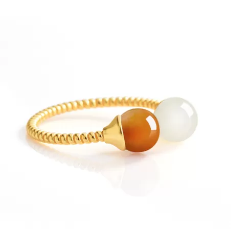 Hetian White & Sugar Jade Bead Ring | S925 Silver Adjustable Chinese Lucky Jewelry