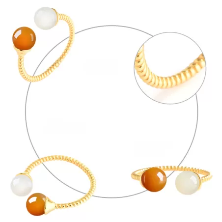 Hetian White & Sugar Jade Bead Ring | S925 Silver Adjustable Chinese Lucky Jewelry