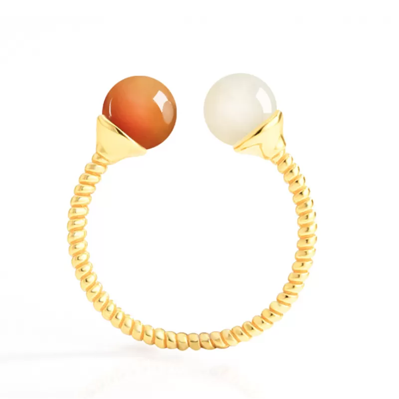 Hetian White & Sugar Jade Bead Ring | S925 Silver Adjustable Chinese Lucky Jewelry