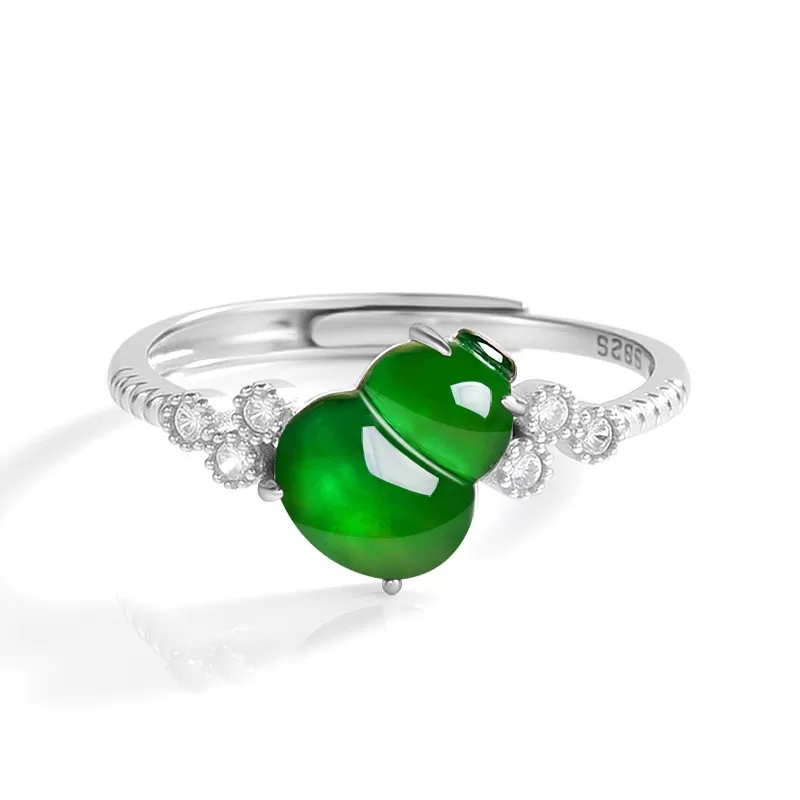 Imperial Green Jadeite Gourd Ring – Adjustable S925 Silver Natural Jade Jewelry for Women