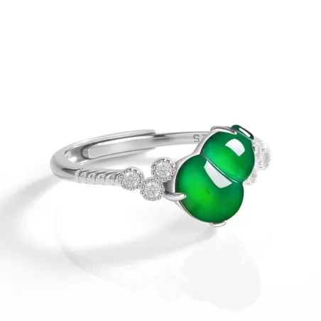 Imperial Green Jadeite Gourd Ring – Adjustable S925 Silver Natural Jade Jewelry for Women