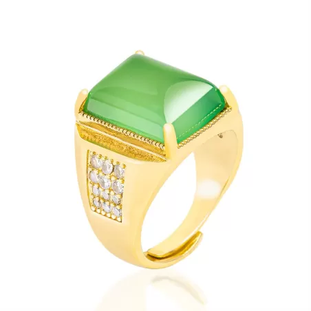 Men’s Green Agate Square Ring | Gold-Plated Copper Chalcedony | Five Elements Jewelry