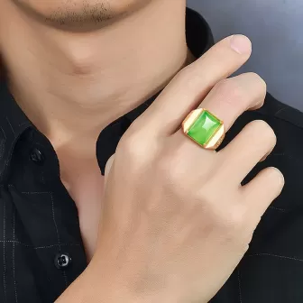 Men’s Green Agate Square Ring | Gold-Plated Copper Chalcedony | Five Elements Jewelry 2