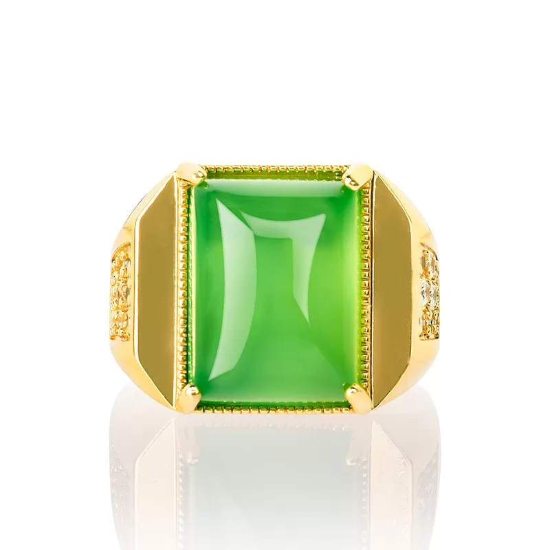 Men’s Green Agate Square Ring | Gold-Plated Copper Chalcedony | Five Elements Jewelry