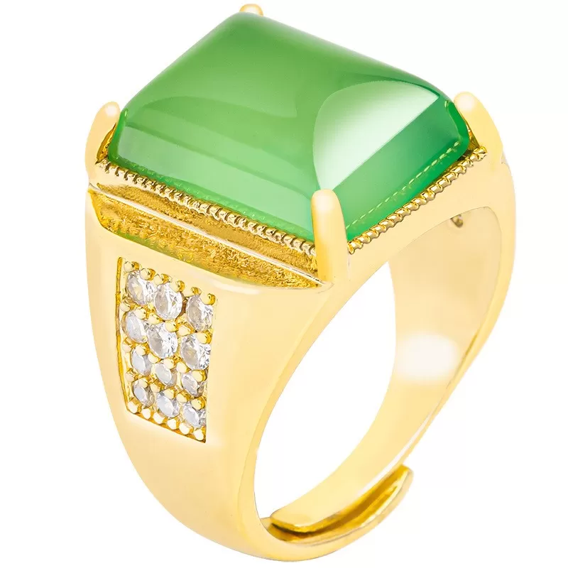 Men’s Green Agate Square Ring | Gold-Plated Copper Chalcedony | Five Elements Jewelry