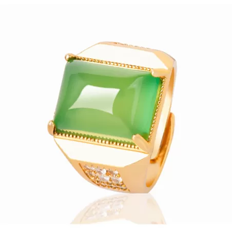 Men’s Green Agate Square Ring | Gold-Plated Copper Chalcedony | Five Elements Jewelry