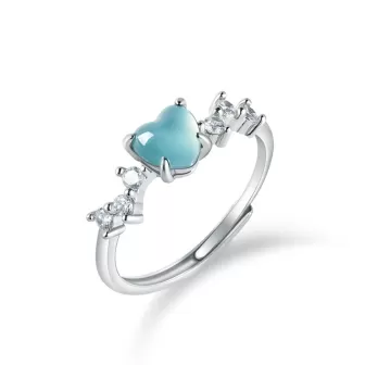 Natural Blue Water Heart Jade Ring – Adjustable S925 Silver | Ice Jadeite Love Ring | Chinese Five Elements Jewelry