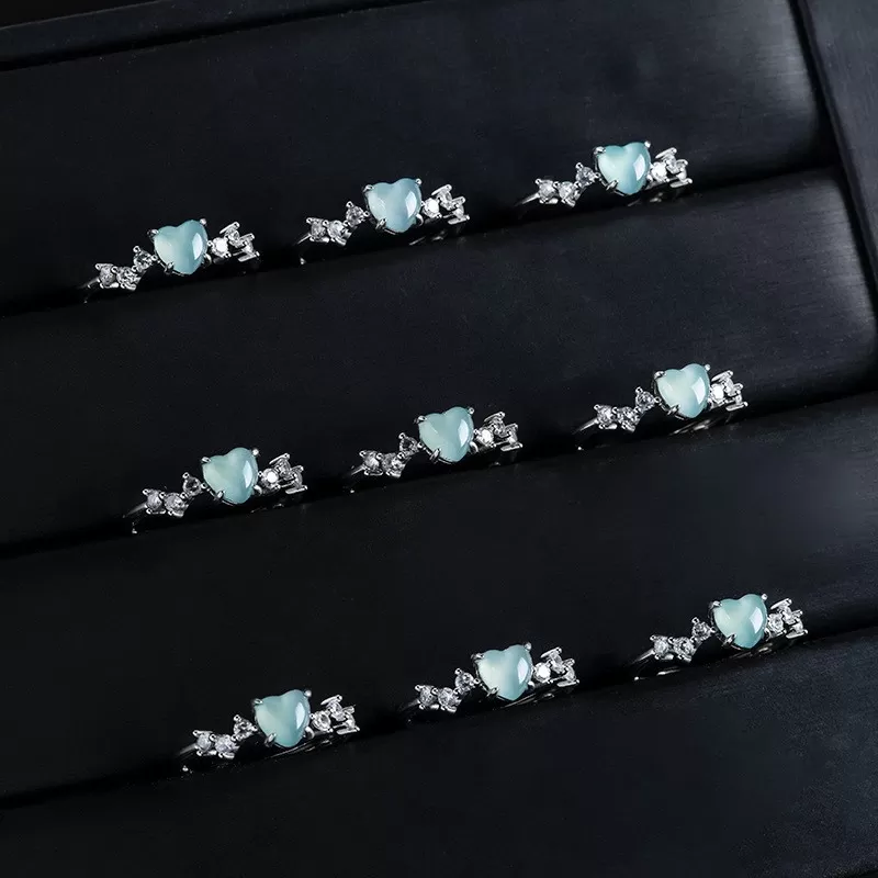 Natural Blue Water Heart Jade Ring – Adjustable S925 Silver | Ice Jadeite Love Ring | Chinese Five Elements Jewelry