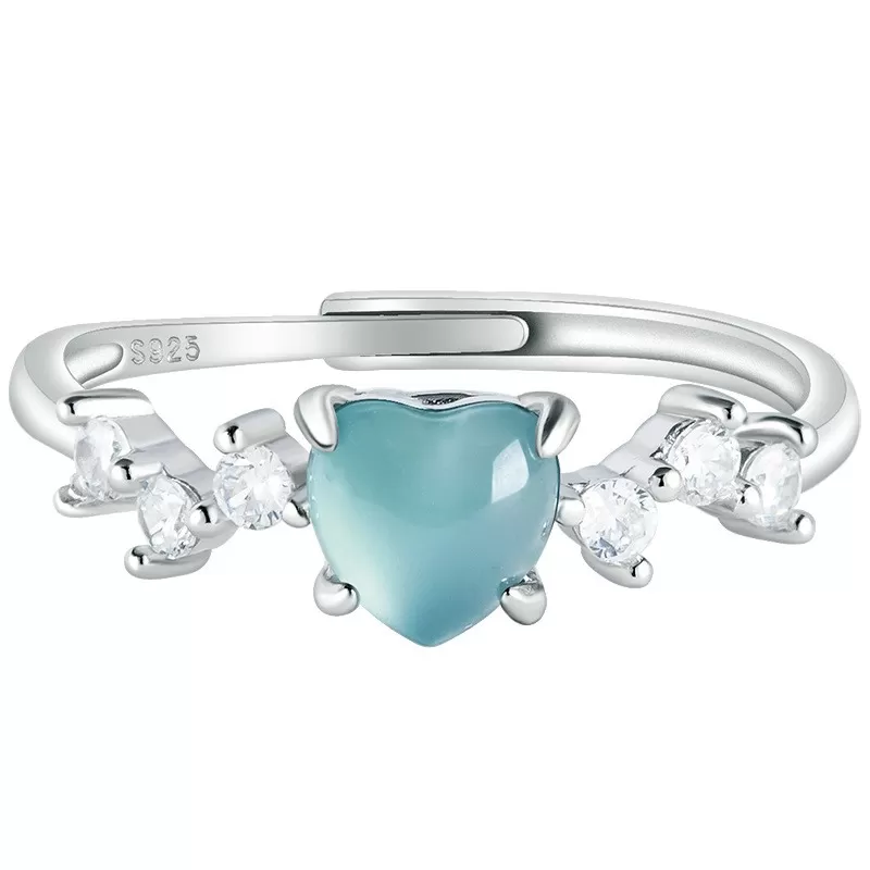 Natural Blue Water Heart Jade Ring – Adjustable S925 Silver | Ice Jadeite Love Ring | Chinese Five Elements Jewelry