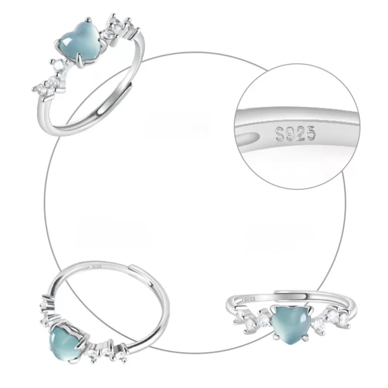 Natural Blue Water Heart Jade Ring – Adjustable S925 Silver | Ice Jadeite Love Ring | Chinese Five Elements Jewelry