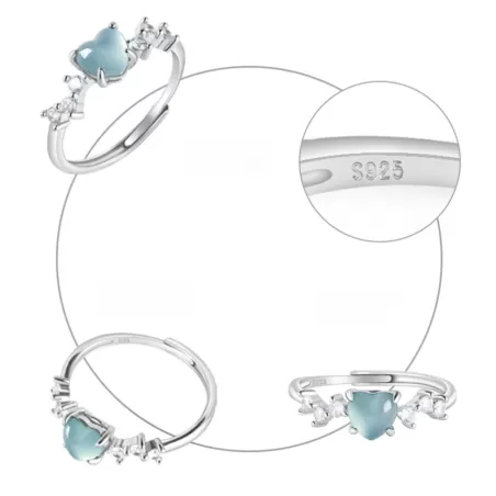 Natural Blue Water Heart Jade Ring – Adjustable S925 Silver | Ice Jadeite Love Ring | Chinese Five Elements Jewelry