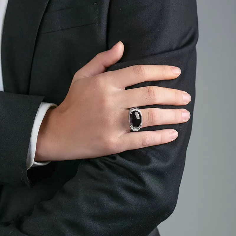 Natural Mo Cui Jadeite Ring – Adjustable S925 Silver Cabochon Jade Ring for Men and Women | Chinese Five Elements Jewelry