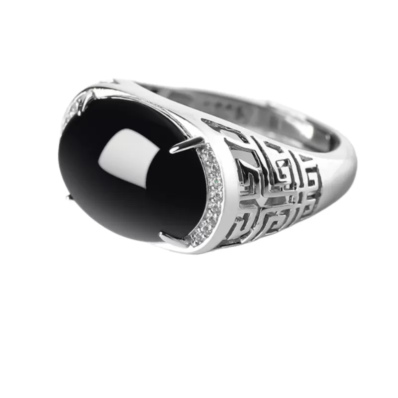 Natural Mo Cui Jadeite Ring – Adjustable S925 Silver Cabochon Jade Ring for Men and Women | Chinese Five Elements Jewelry