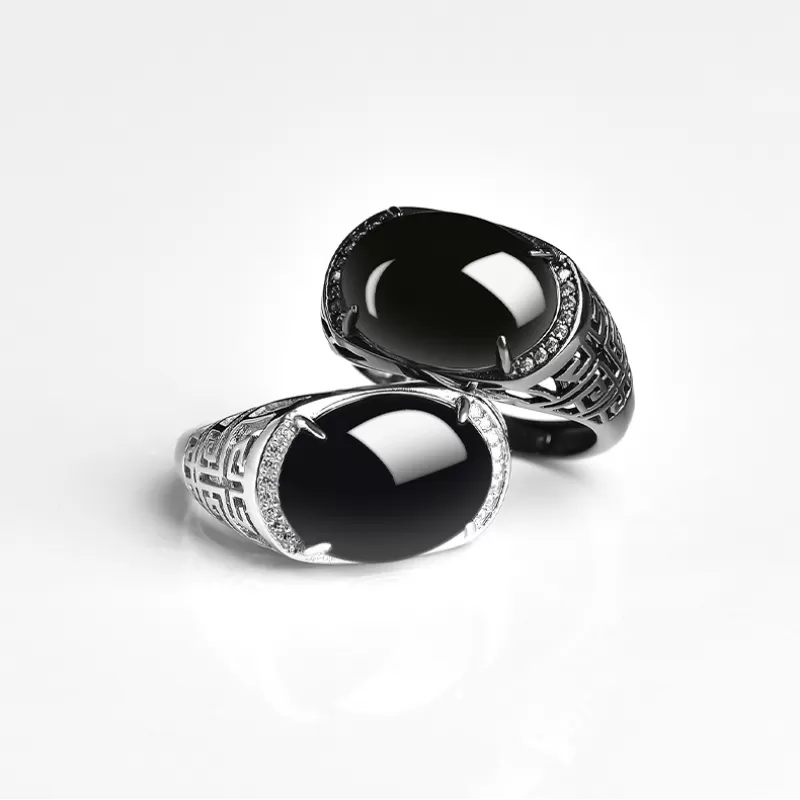 Natural Mo Cui Jadeite Ring – Adjustable S925 Silver Cabochon Jade Ring for Men and Women | Chinese Five Elements Jewelry