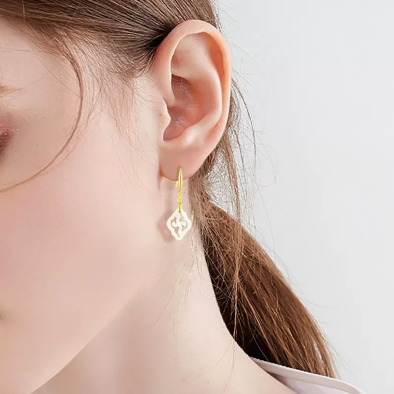 Natural White Hetian Jade Ruyi Earrings – S925 Silver Chinese-Inspired Dangles | Minimalist Elegance