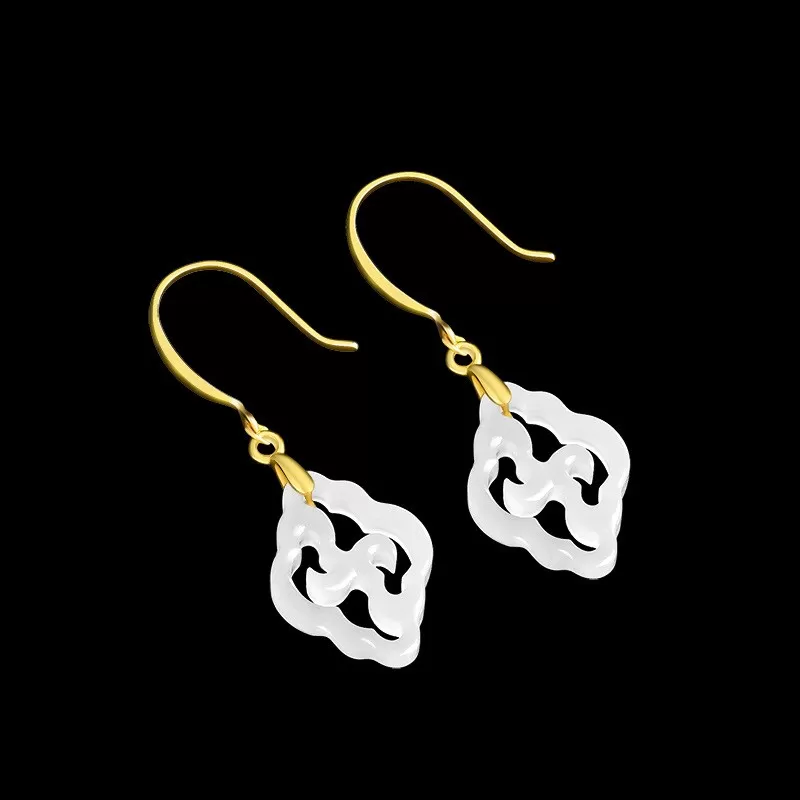 Natural White Hetian Jade Ruyi Earrings – S925 Silver Chinese-Inspired Dangles | Minimalist Elegance
