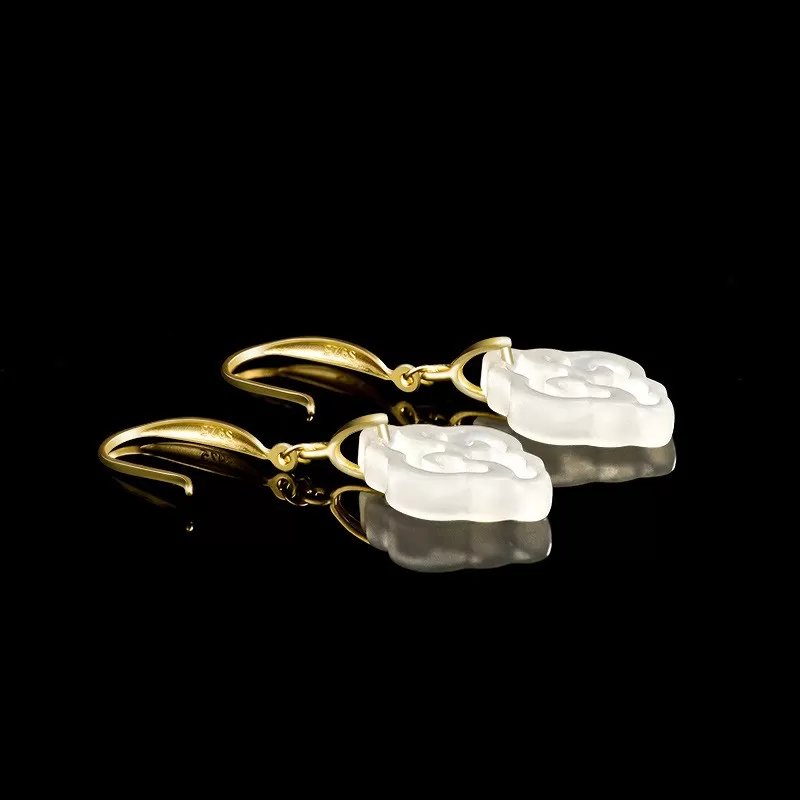 Natural White Hetian Jade Ruyi Earrings – S925 Silver Chinese-Inspired Dangles | Minimalist Elegance