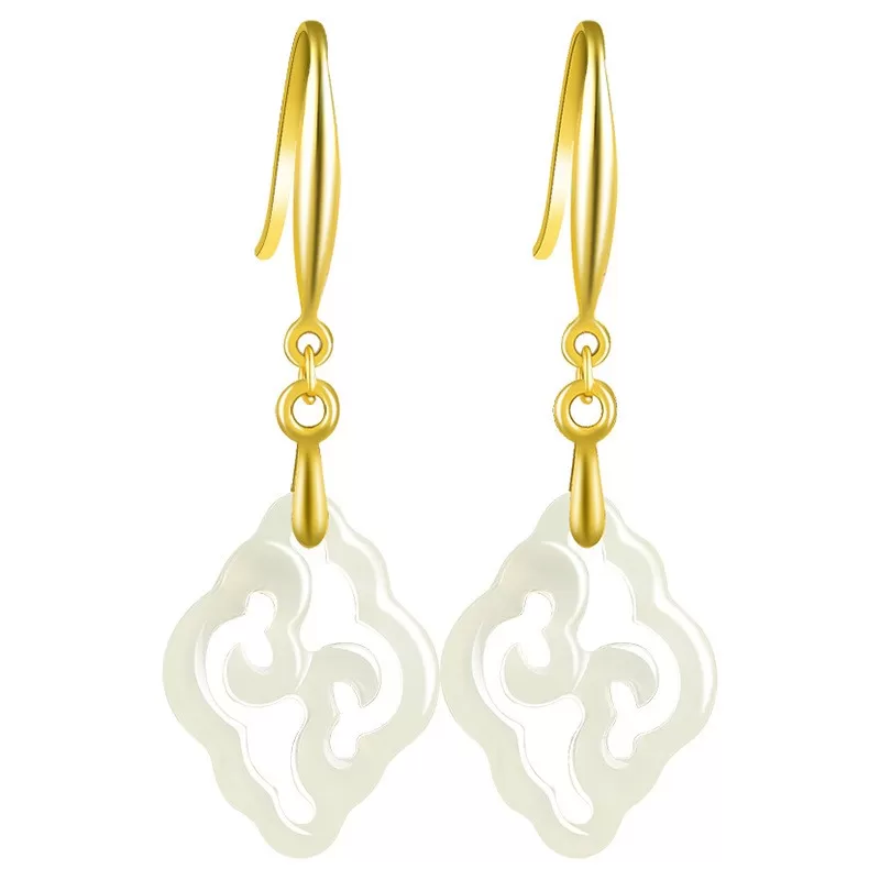 Natural White Hetian Jade Ruyi Earrings – S925 Silver Chinese-Inspired Dangles | Minimalist Elegance