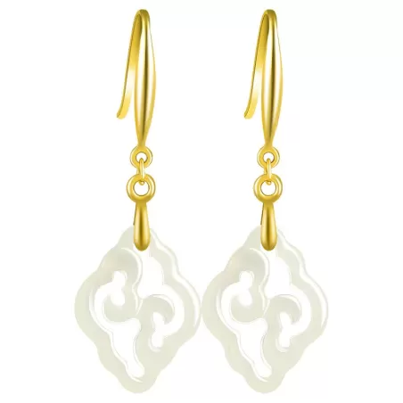 Natural White Hetian Jade Ruyi Earrings – S925 Silver Chinese-Inspired Dangles | Minimalist Elegance