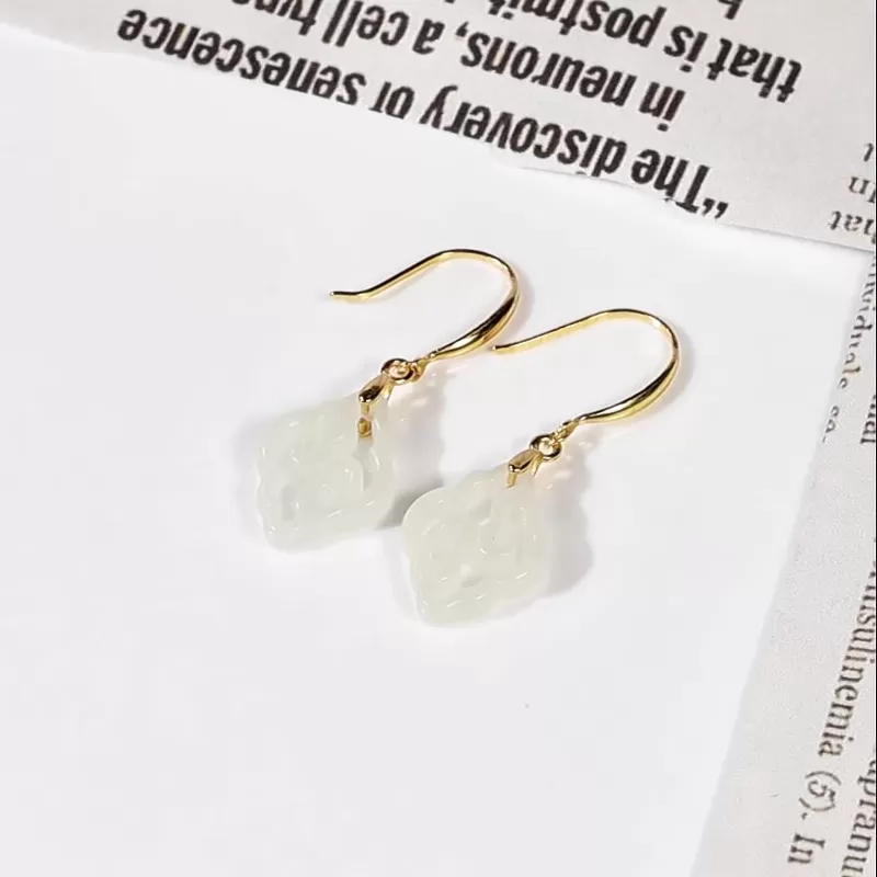 Natural White Hetian Jade Ruyi Earrings – S925 Silver Chinese-Inspired Dangles | Minimalist Elegance