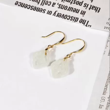 Natural White Hetian Jade Ruyi Earrings – S925 Silver Chinese-Inspired Dangles | Minimalist Elegance