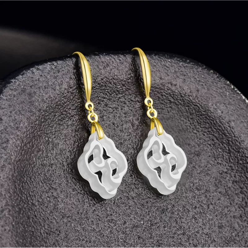 Natural White Hetian Jade Ruyi Earrings – S925 Silver Chinese-Inspired Dangles | Minimalist Elegance