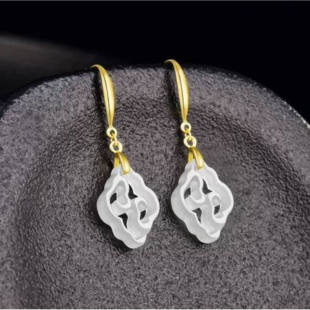 Natural White Hetian Jade Ruyi Earrings – S925 Silver Chinese-Inspired Dangles | Minimalist Elegance