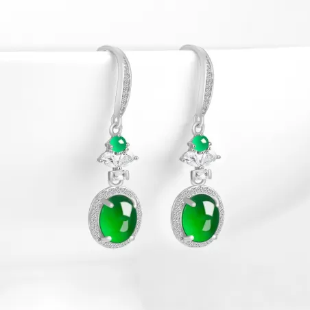 Natural Imperial Green Jade Earrings – S925 Silver Cabochon Dangles | Type A Ice Jadeite Fashion Jewelry