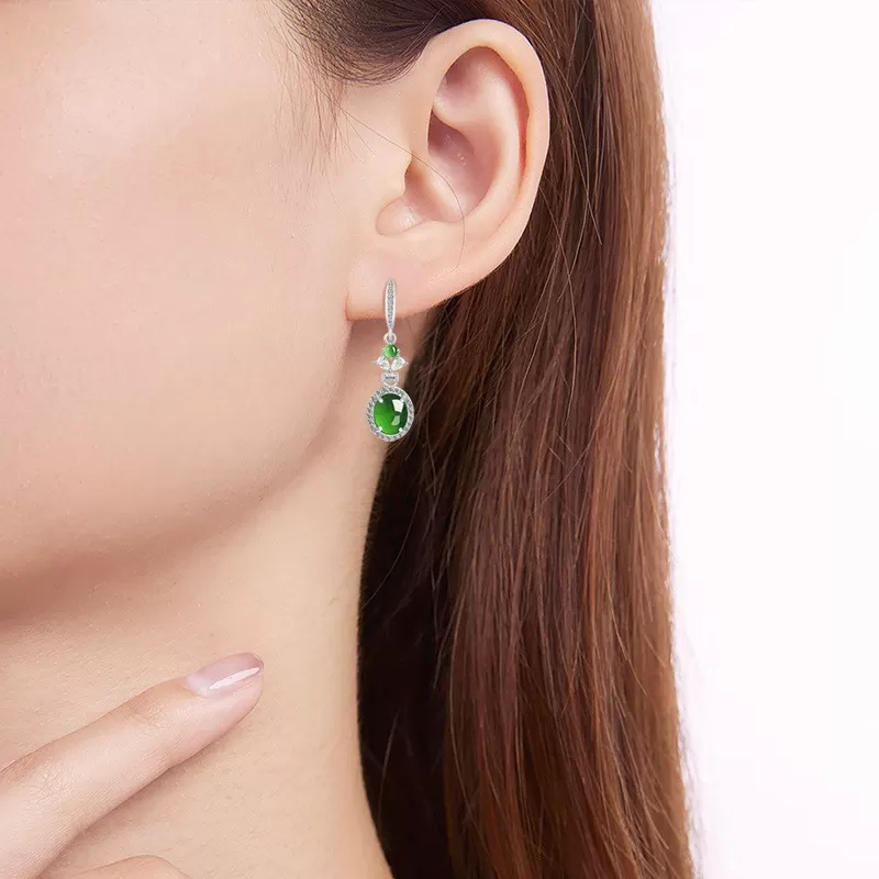Natural Imperial Green Jade Earrings – S925 Silver Cabochon Dangles | Type A Ice Jadeite Fashion Jewelry