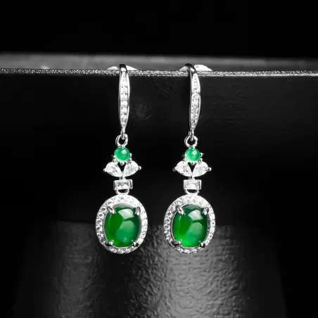 Natural Imperial Green Jade Earrings – S925 Silver Cabochon Dangles | Type A Ice Jadeite Fashion Jewelry