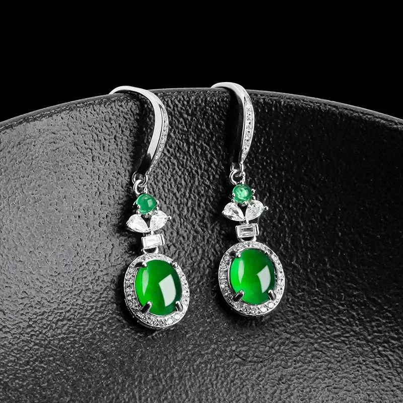 Natural Imperial Green Jade Earrings – S925 Silver Cabochon Dangles | Type A Ice Jadeite Fashion Jewelry