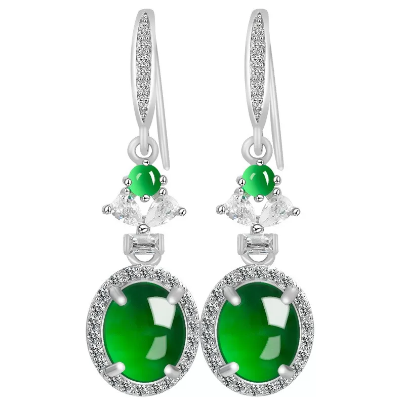 Natural Imperial Green Jade Earrings – S925 Silver Cabochon Dangles | Type A Ice Jadeite Fashion Jewelry