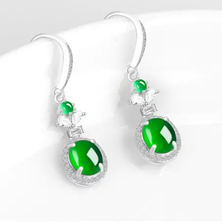 Natural Imperial Green Jade Earrings – S925 Silver Cabochon Dangles | Type A Ice Jadeite Fashion Jewelry