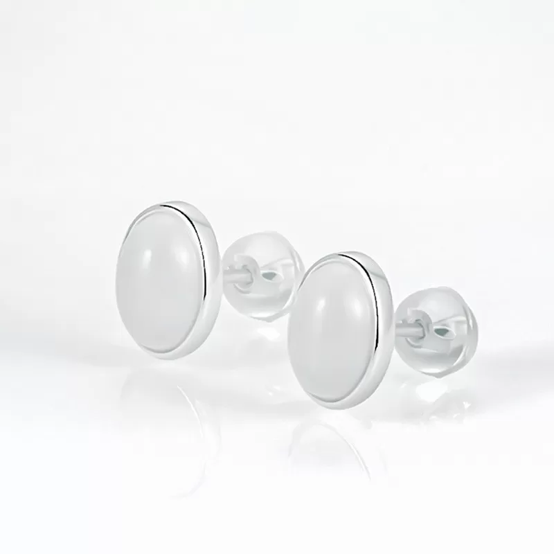 Natural White Hetian Jade Earrings – S925 Silver Studs for Women | Elegant Chinese-Inspired Jewelry