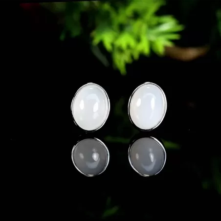 Natural White Hetian Jade Earrings – S925 Silver Studs for Women | Elegant Chinese-Inspired Jewelry