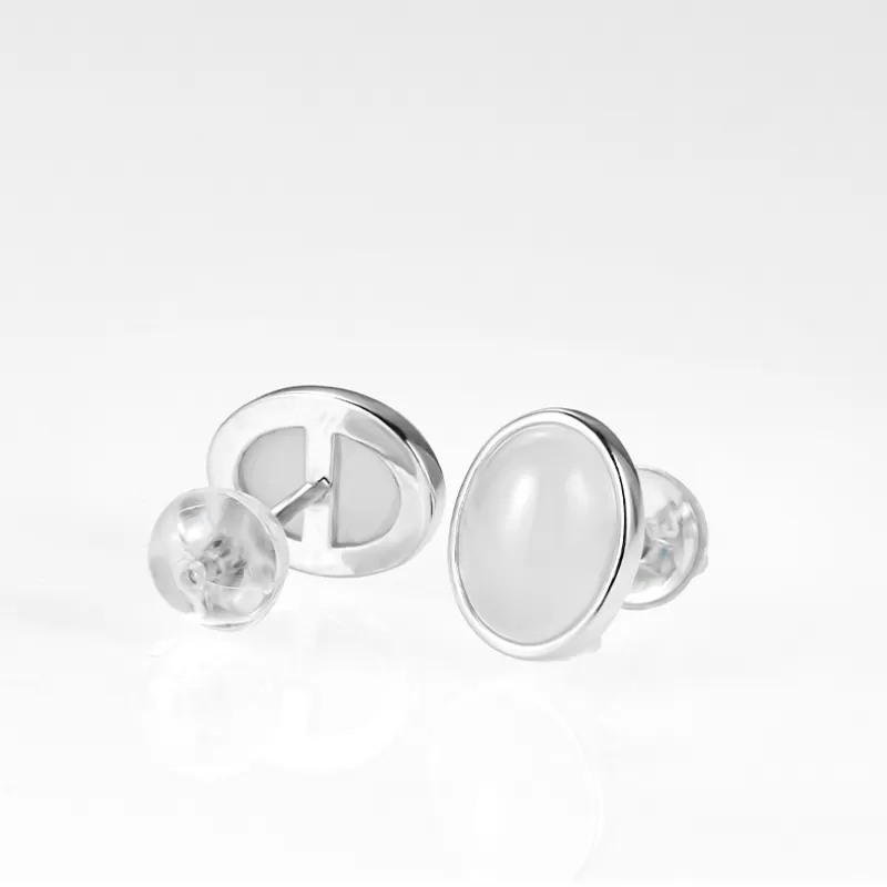 Natural White Hetian Jade Earrings – S925 Silver Studs for Women | Elegant Chinese-Inspired Jewelry