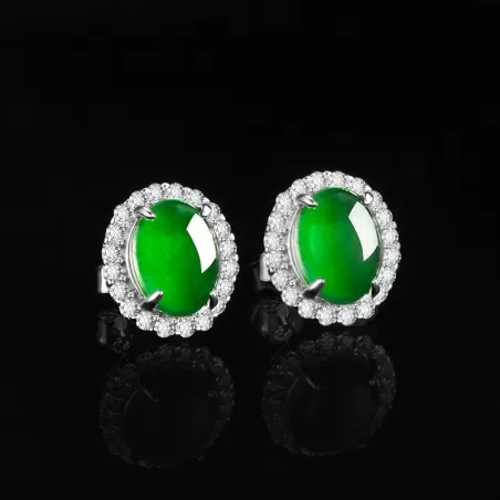 Natural Imperial Green Jade Stud Earrings – Oval Ice Jade Cabochon with S925 Silver | Elegant Minimalist Jewelry