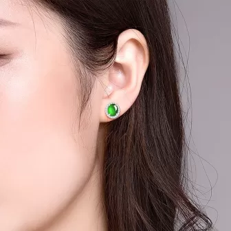 Natural Imperial Green Jade Stud Earrings – Oval Ice Jade Cabochon with S925 Silver | Elegant Minimalist Jewelry 2