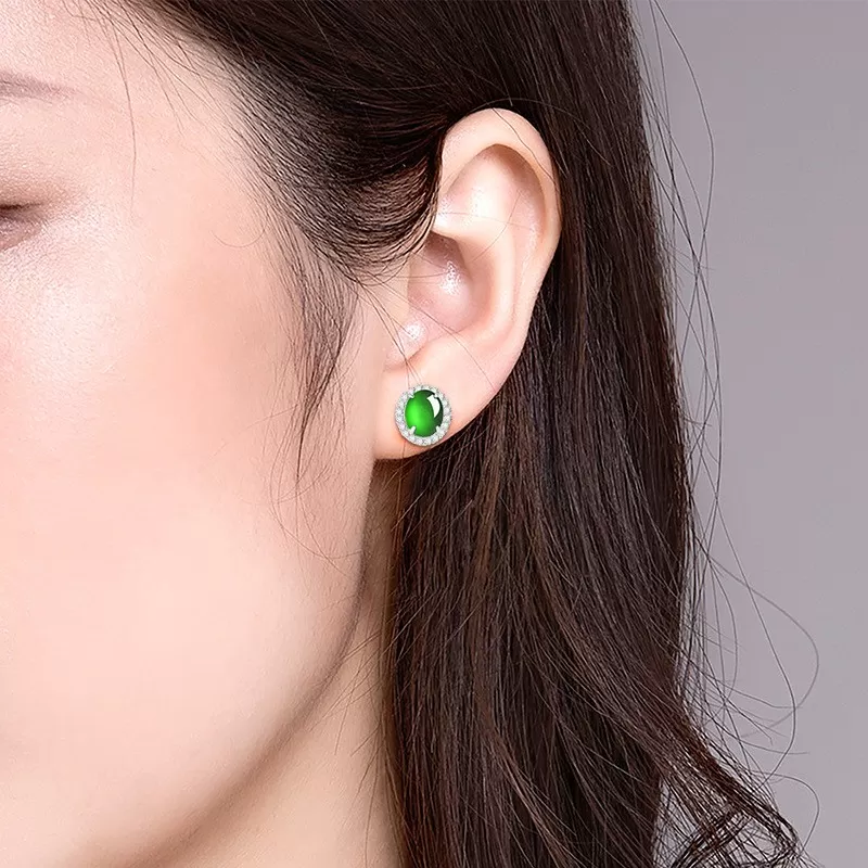 Natural Imperial Green Jade Stud Earrings – Oval Ice Jade Cabochon with S925 Silver | Elegant Minimalist Jewelry