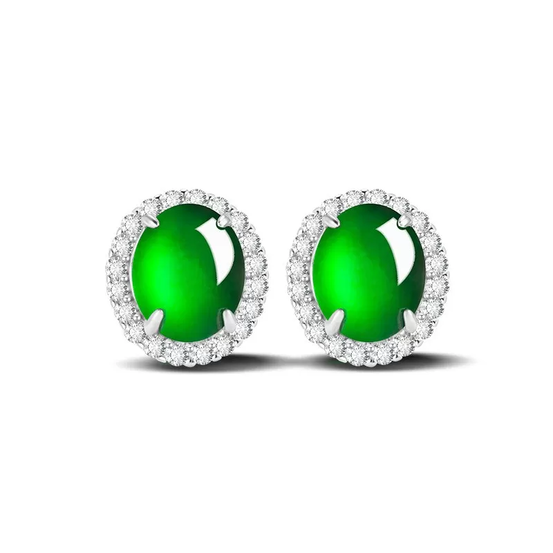 Natural Imperial Green Jade Stud Earrings – Oval Ice Jade Cabochon with S925 Silver | Elegant Minimalist Jewelry