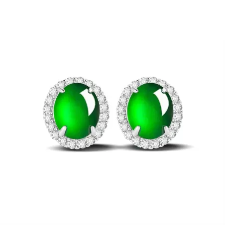 Natural Imperial Green Jade Stud Earrings – Oval Ice Jade Cabochon with S925 Silver | Elegant Minimalist Jewelry